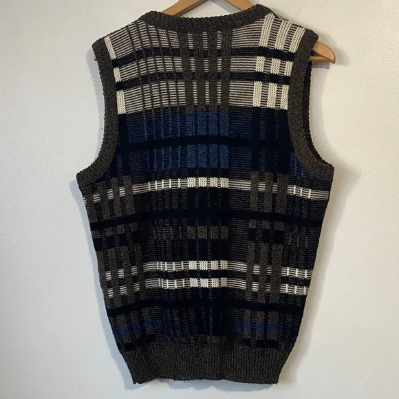 Vintage Campus Plaid Knit Vest Button Front V neck size Small oversized - Picture 5 of 10